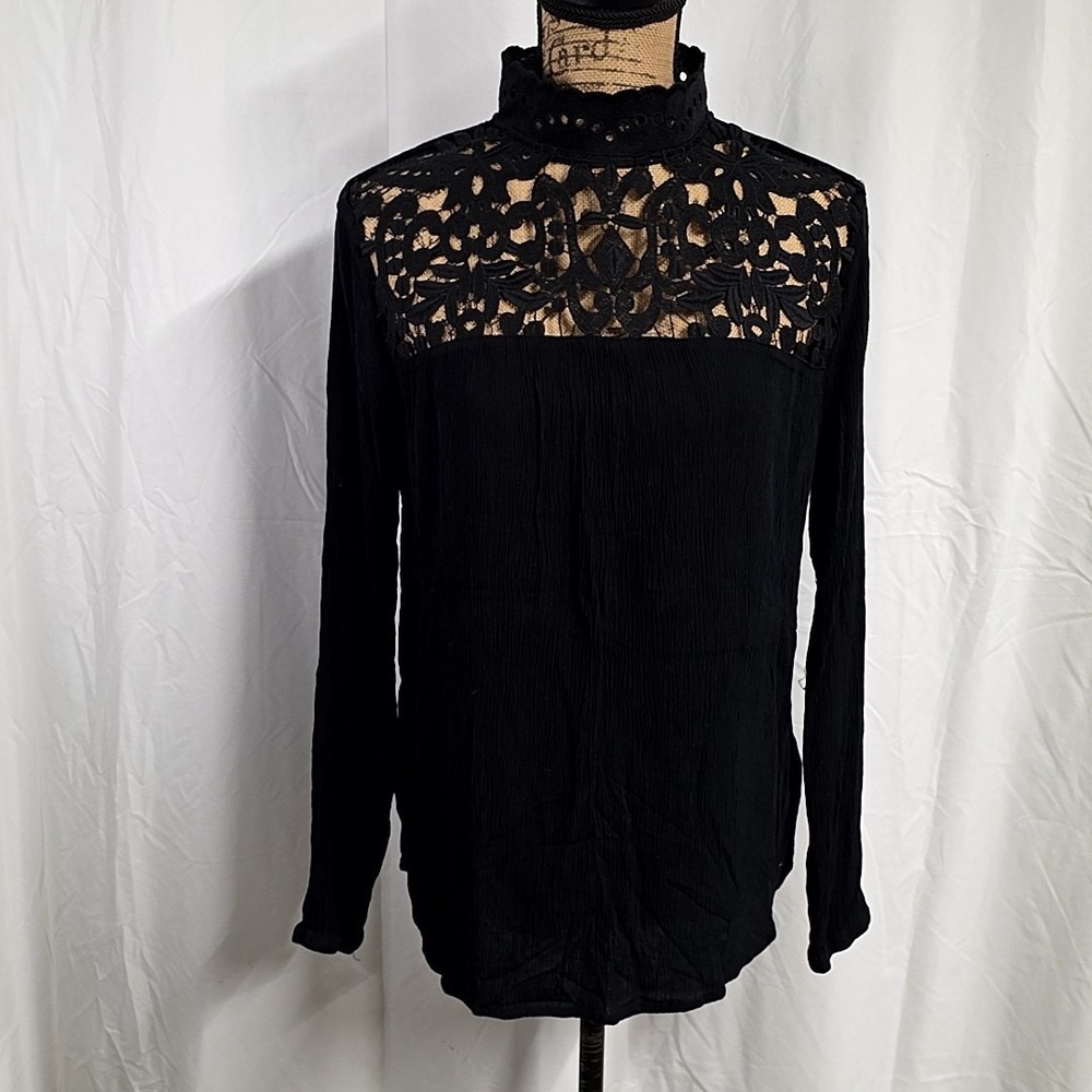 Who What Wear Womens M Top Black Lace Long Slv High Neck Sheer Boho Minimalist